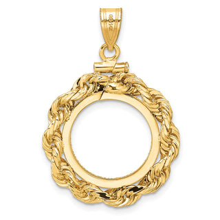 14k Yellow Gold Polished Rope and Diamond-cut 16.0mm x 1.35mm Screw Top Coin Bezel Pendant - Fits Maple Leaf