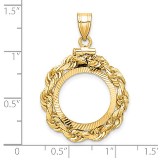 14k Yellow Gold Polished Rope and Diamond-cut 16.0mm x 1.35mm Screw Top Coin Bezel Pendant - Fits Maple Leaf