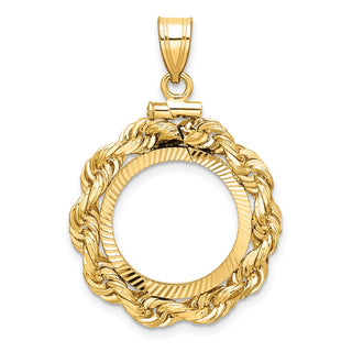 14k Yellow Gold Polished Rope and Diamond-cut 16.0mm x 1.35mm Screw Top Coin Bezel Pendant - Fits Maple Leaf