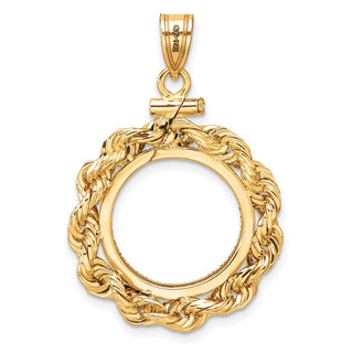 14k Yellow Gold Polished Rope and Diamond-cut 16.5mm x 1.35mm Screw Top Coin Bezel Pendant - Fits 1/10 oz American Eagle and 1/10 oz Krugerrand