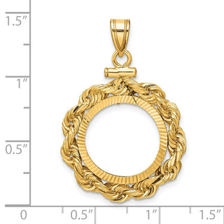 14k Yellow Gold Polished Rope and Diamond-cut 16.5mm x 1.35mm Screw Top Coin Bezel Pendant - Fits 1/10 oz American Eagle and 1/10 oz Krugerrand