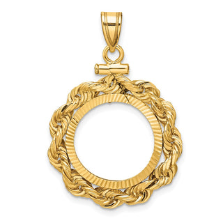 14k Yellow Gold Polished Rope and Diamond-cut 16.5mm x 1.35mm Screw Top Coin Bezel Pendant - Fits 1/10 oz American Eagle and 1/10 oz Krugerrand