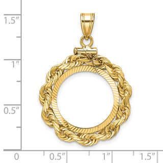 14k Yellow Gold Polished Rope and Diamond-cut 17.8mm x 1.35mm Screw Top Coin Bezel Pendant - Fits US $2.50 Liberty and Other Coins