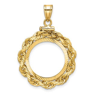 14k Yellow Gold Polished Rope and Diamond-cut 17.8mm x 1.35mm Screw Top Coin Bezel Pendant - Fits US $2.50 Liberty and Other Coins