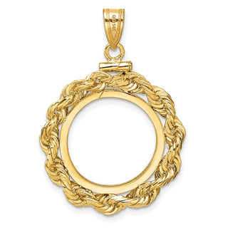 14k Yellow Gold Polished Rope and Diamond-cut 18.0mm x 1.35mm Screw Top Coin Bezel Pendant - Fits 1/10 oz Cat