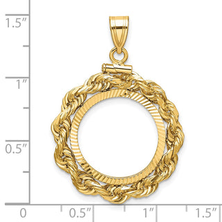 14k Yellow Gold Polished Rope and Diamond-cut 18.0mm x 1.35mm Screw Top Coin Bezel Pendant - Fits 1/10 oz Cat