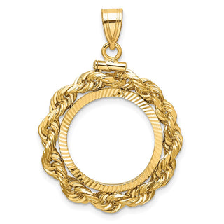 14k Yellow Gold Polished Rope and Diamond-cut 18.0mm x 1.35mm Screw Top Coin Bezel Pendant - Fits 1/10 oz Cat