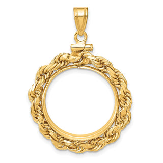 14k Yellow Gold Polished Rope and Diamond-cut 20.0mm x 2.1mm Screw Top Coin Bezel Pendant
