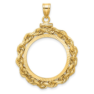 14k Yellow Gold Polished Rope and Diamond-cut 21.6mm x 1.7mmScrew Top Coin Bezel Pendant - Fits US $5 Bald Eagle and US $5 Congressional