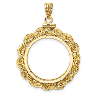 14k Yellow Gold Polished Rope and Diamond-cut 22.0mm x 1.9mm Screw Top Coin Bezel Pendant - Fits 1/4 oz American Eagle and Other Coins