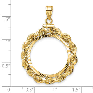 14k Yellow Gold Polished Rope and Diamond-cut 22.0mm x 1.9mm Screw Top Coin Bezel Pendant - Fits 1/4 oz American Eagle and Other Coins