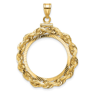 14k Yellow Gold Polished Rope and Diamond-cut 22.0mm x 1.9mm Screw Top Coin Bezel Pendant - Fits 1/4 oz American Eagle and Other Coins