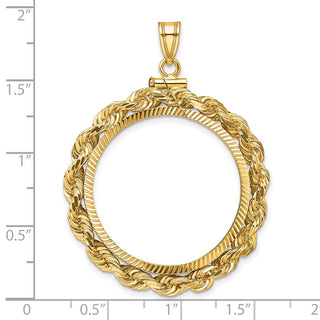 14k Yellow Gold Polished Rope and Diamond-cut 27.0mm x 2.35mm Screw Top Coin Bezel Pendant - Fits 1/2 oz American Eagle, US $10 Liberty, and Other Coins