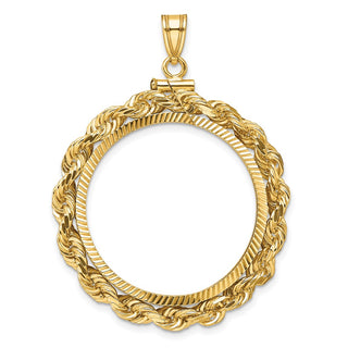 14k Yellow Gold Polished Rope and Diamond-cut 27.0mm x 2.35mm Screw Top Coin Bezel Pendant - Fits 1/2 oz American Eagle, US $10 Liberty, and Other Coins