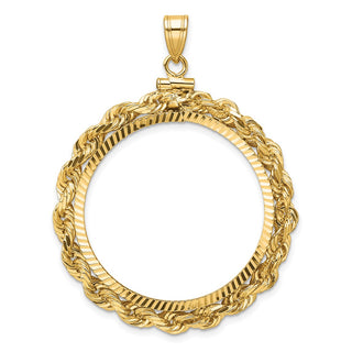 14k Yellow Gold Polished Rope and Diamond-cut 30.0mm x 3.00mm Screw Top Coin Bezel Pendant - Fits 1 oz Maple Leaf and 1/2 oz Cat