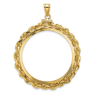 14k Yellow Gold Polished Rope and Diamond-cut 32.7mm x 3.00mm Screw Top Coin Bezel Pendant - Fits 1 oz American Eagle, 1 oz Cat, and 1 oz Krugerrand