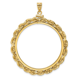 14k Yellow Gold Polished Rope and Diamond-cut 37.0mm x 2.85mm Screw Top Coin Bezel Pendant - Fits 50 Pesos and Centenario