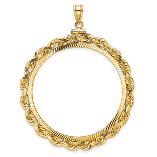 14k Yellow Gold Polished Rope and Diamond-cut 37.0mm x 2.85mm Screw Top Coin Bezel Pendant - Fits 50 Pesos and Centenario