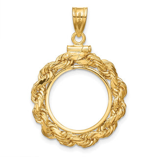 14k Yellow Gold 4mm Rope 16mm Screw Top Coin Bezel Pendant - Fits 1/10 oz Maple Leaf, Maple Leaf, and Other Coins