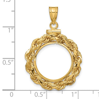 14k Yellow Gold 4mm Rope 16mm Screw Top Coin Bezel Pendant - Fits 1/10 oz Maple Leaf, Maple Leaf, and Other Coins