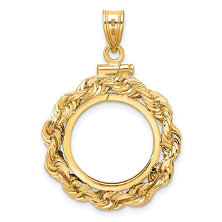 14k Yellow Gold 4mm Rope 16.5mm Screw Top Coin Bezel Pendant - Fits 1/10 oz American Eagle and 1/10 oz Krugerrand
