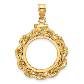 14k Yellow Gold 4mm Rope 16.5mm Screw Top Coin Bezel Pendant - Fits 1/10 oz American Eagle and 1/10 oz Krugerrand