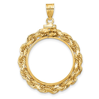 14k Yellow Gold 4mm Rope 22mm Screw Top Coin Bezel Pendant - Fits 1/4 oz American Eagle and Other Coins
