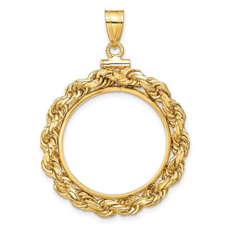 14k Yellow Gold 4mm Rope 22mm Screw Top Coin Bezel Pendant - Fits 1/4 oz American Eagle and Other Coins