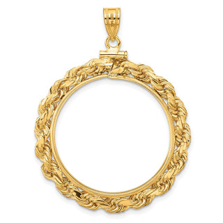 14k Yellow Gold 4mm Rope 27mm Screw Top Coin Bezel Pendant - Fits 1/2 oz American Eagle, US $10 Liberty, and Other Coins