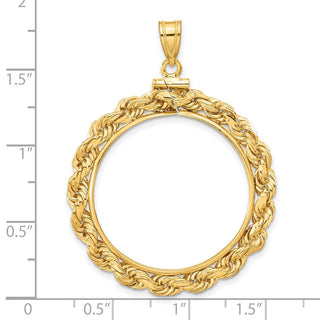 14k Yellow Gold 4mm Rope 27mm Screw Top Coin Bezel Pendant - Fits 1/2 oz American Eagle, US $10 Liberty, and Other Coins