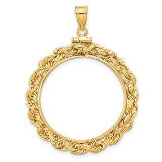 14k Yellow Gold 4mm Rope 27mm Screw Top Coin Bezel Pendant - Fits 1/2 oz American Eagle, US $10 Liberty, and Other Coins