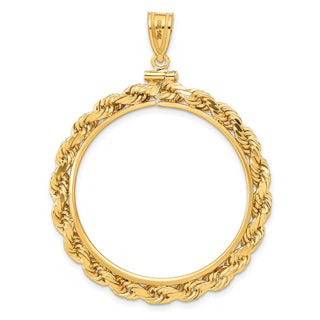 14k Yellow Gold 4mm Rope 32.7mm Screw Top Coin Bezel Pendant - Fits 1 oz American Eagle, 1 oz Cat, and 1 oz Krugerrand