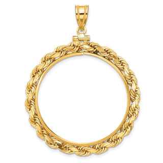 14k Yellow Gold 4mm Rope 32.7mm Screw Top Coin Bezel Pendant - Fits 1 oz American Eagle, 1 oz Cat, and 1 oz Krugerrand