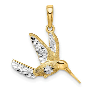 14k Yellow Gold w/Rhodium Diamond-cut Humming Bird Pendant