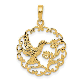 14k Yellow Gold Hummingbird In Round Frame Pendant C3478