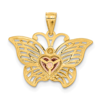 14k Yellow Gold Two-tone w/White Rhodium Butterfly w/Heart Pendant