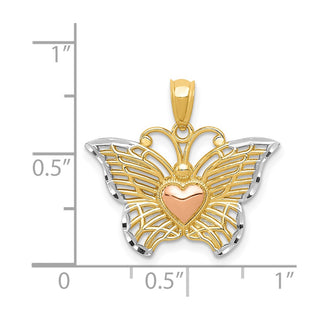 14k Yellow Gold Two-tone w/White Rhodium Butterfly w/Heart Pendant
