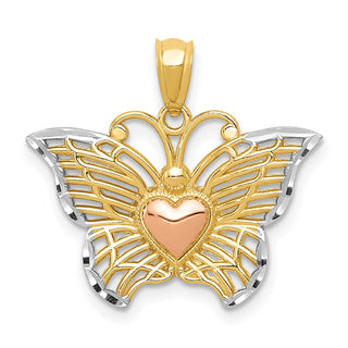 14k Yellow Gold Two-tone w/White Rhodium Butterfly w/Heart Pendant
