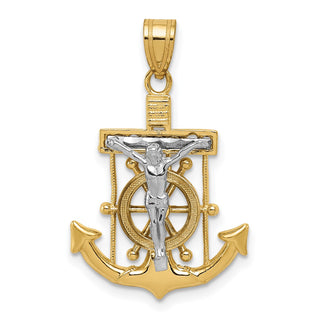 14k Yellow and White Gold Diamond-Cut Mariner's Cross Crucifix Pendant C3714