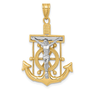 14k Yellow and White Gold Diamond-Cut Mariner's Cross Crucifix Pendant C3715