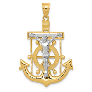 14k Yellow and White Gold Diamond-Cut Mariner's Cross Crucifix Pendant C3716