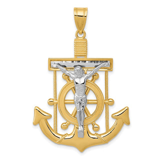 14k Yellow and White Gold Diamond-Cut Mariner's Cross Crucifix Pendant C3717