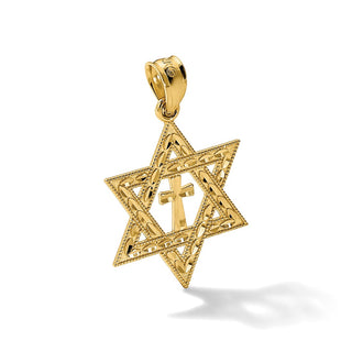 14k Yellow Gold Diamond-Cut Star Of David with Cross Pendant