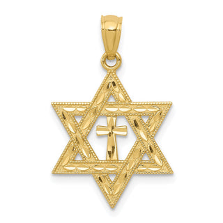 14k Yellow Gold Diamond-Cut Star Of David with Cross Pendant