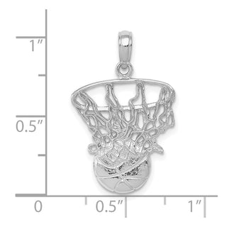 14K White Gold Swoosh Basketball and Net Pendant