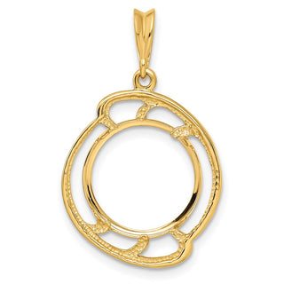 14k Yellow Gold Wave Design 14mm Prong Coin Bezel Pendant - Fits 1/20 oz Maple Leaf and Other Coins