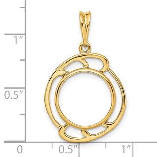 14k Yellow Gold Wave Design 14mm Prong Coin Bezel Pendant - Fits 1/20 oz Maple Leaf and Other Coins