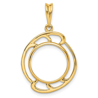 14k Yellow Gold Wave Design 14mm Prong Coin Bezel Pendant - Fits 1/20 oz Maple Leaf and Other Coins