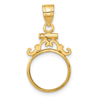 14k Yellow Gold French Scroll Screw Top 13mm Coin Bezel Pendant - Fits 2 Pesos and US $1