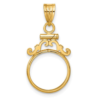 14k Yellow Gold French Scroll Screw Top 14mm Coin Bezel Pendant - Fits 1/20 oz Maple Leaf and Other Coins